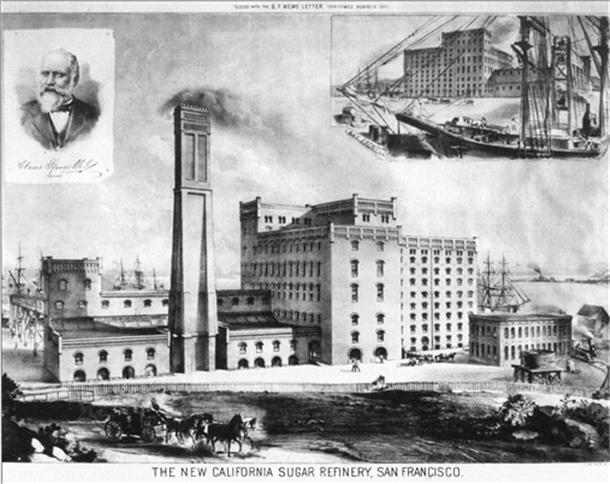Vom Lamstedter Landjungen zum Milliardär Die 1879 fertiggestellten California Sugar Refinery Co. Sie bildete das Herzstück der Expansion nach Hawaii, denn hier liefen die mit Rohzucker beladenen Schiffe ein.