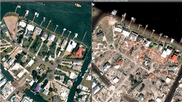 Die Aufnahme zeigt Fort Myers Beach im April und die Zerstörung nach dem Hurrikan „Ian“ im September 2022.