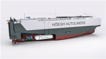 Visualisierung der Aurora-Klasse von Höegh Autoliners mit Querschnitt, um die Tanks zu zeigen.