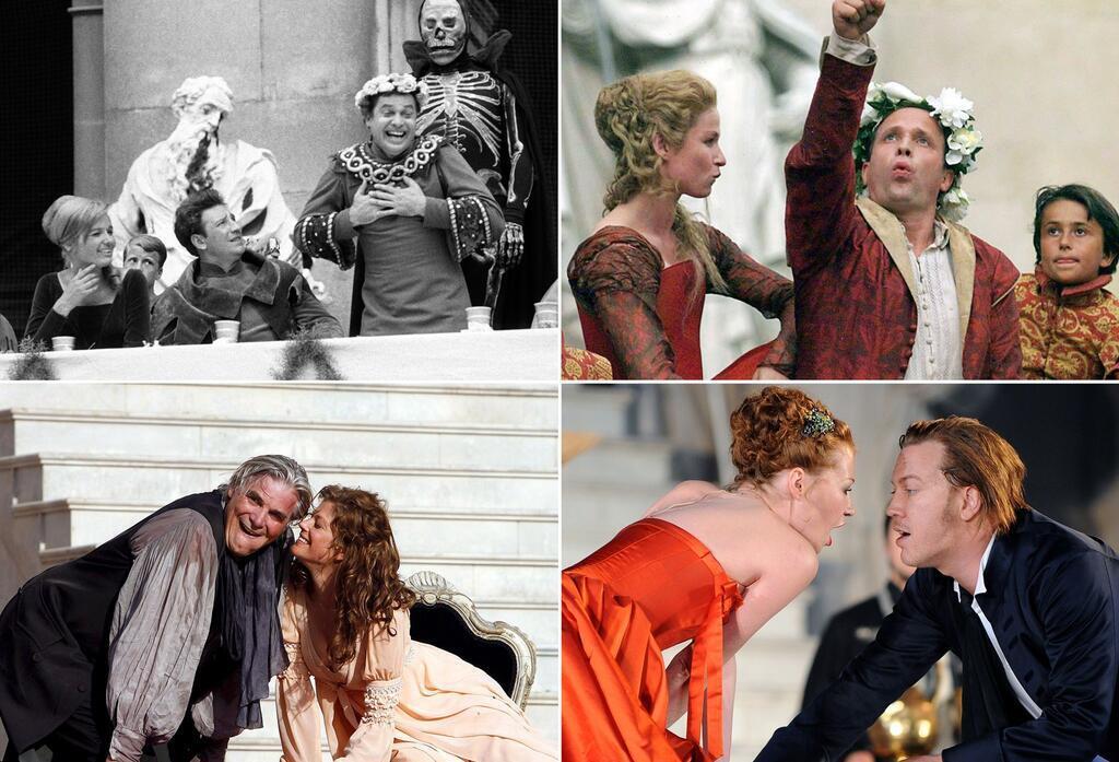 Die Bildkombo zeigt Probenfotos der Salzburger Festspiele von verschiedenen Schauspielern in der Rolle des Jedermann - von oben links nach rechts: 1963 Walter Reyer, 1999 Ulrich Tukur (mit Dörte Lyssewski); unten links nach rechts: 2007 Peter Simonischek (mit Marie Bäumer), 2011 Nicholas Ofczarek (mit Birgit Minichmayr).