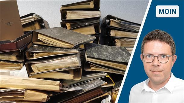 Die Collage zeigt links einen Aktenberg und rechts Reporter Timo Kühnemuth.