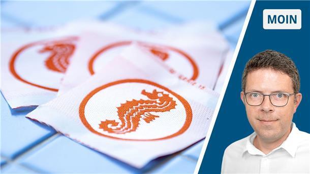 Froschbeine, Schere, Fischstäbchen: So klappt’s mit dem Seepferdchen Die Collage zeigt links mehrere Seepferdchen-Abzeichen. Rechts ist der Redakteur Timo Kühnemuth zu sehen.