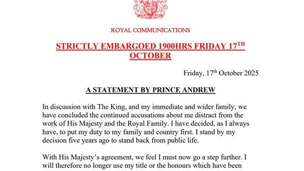 „Genug ist genug“ - Der tiefe Fall von Prinz Andrew Die Erklärung zum Ende von Andrew als Herzog von York.