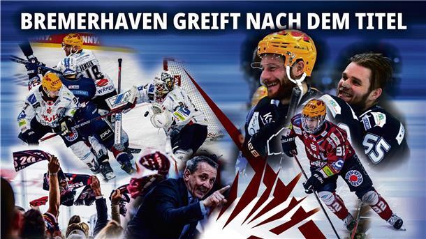 Verschiedene Eishockeyszenen sind auf einer Collage mit der Schrift "Bremerhaven greift nach dem Titel" zu sehen