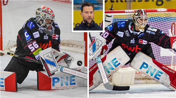 Zwei Torhüter in Aktion und ein eingeklinktes Bild mit dem Torwarttrainer im Portrait. Die Fischtown Pinguins stellen mit Maximilian Franzreb (li.) und Kristers Gudlevskis das beste Duo der Liga. 