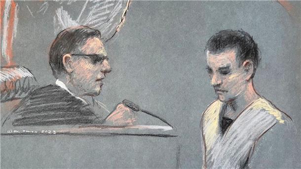 US-Geheimdienstskandal: Teixeira plädiert „nicht schuldig“ Die Gerichtszeichnung zeigt Jack Teixeira bei seinem Erscheinen vor dem US-Bezirksgericht in Boston.