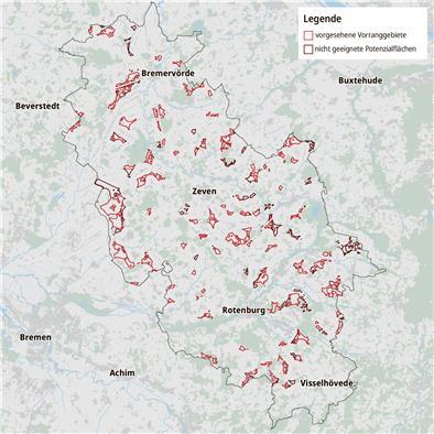 Eine Karte mit möglichen Windparkarealen im Landkreis Rotenburg