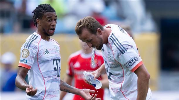 Kompanys Rotations-Logik muss gegen Flamengo aufgehen Die Hitze in Charlotte setzte allen Spielern extrem zu. Harry Kane mit Wasserflasche in einer Trinkpause, links Teamkollege Michael Olise.