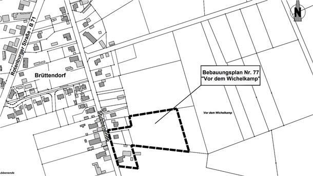 Eine Karte zeigt die Lage des geplanten Baugebietes "Vor dem Wichelskamp" in Brüttendorf