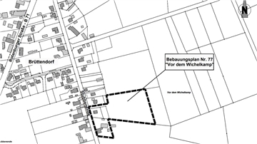 Eine Karte zeigt die Lage des geplanten Baugebietes "Vor dem Wichelskamp" in Brüttendorf