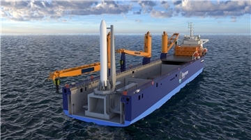 Dockschiff mit einer stehenden Rakete im Heck kurz vor dem Start