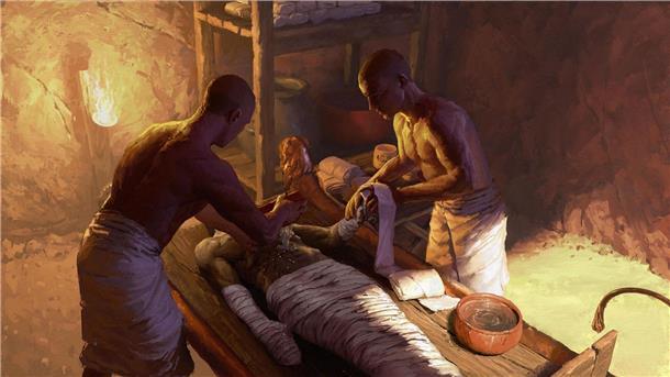 Substanzen zum Einbalsamieren von Mumien entschlüsselt Die künstlerische Darstellung zeigt die Einbalsamierung eines Mannes im alten Ägypten.