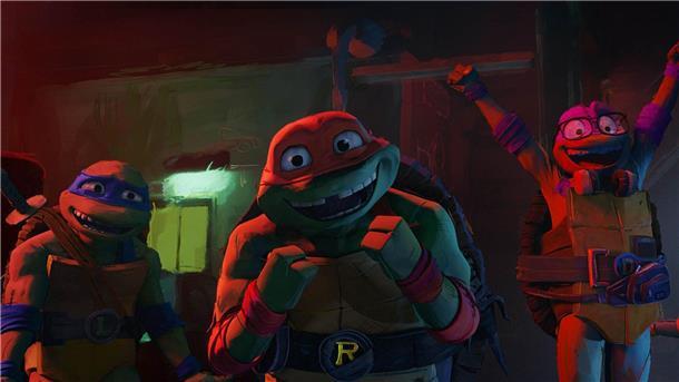 Die Ninja Turtles in einer Szene des Films „Teenage Mutant Ninja Turtles: Mutant Mayhem.“