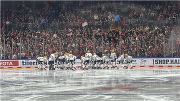 Die Pinguins-Fans unterstützen ihr Team beim Spiel gegen Köln.