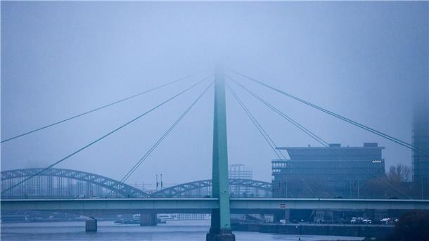 Die Severinsbrücke in Köln liegt morgens im Nebel.
