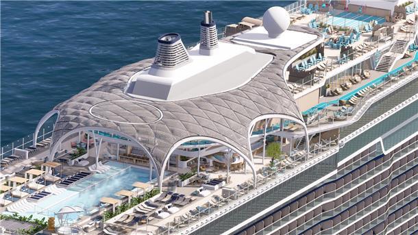 Meeresgiganten: Diese neuen Kreuzfahrtschiffe starten 2025 Die Überdachung des Außenpools auf der „Mein Schiff Relax“ soll an Flechtwerk erinnern.