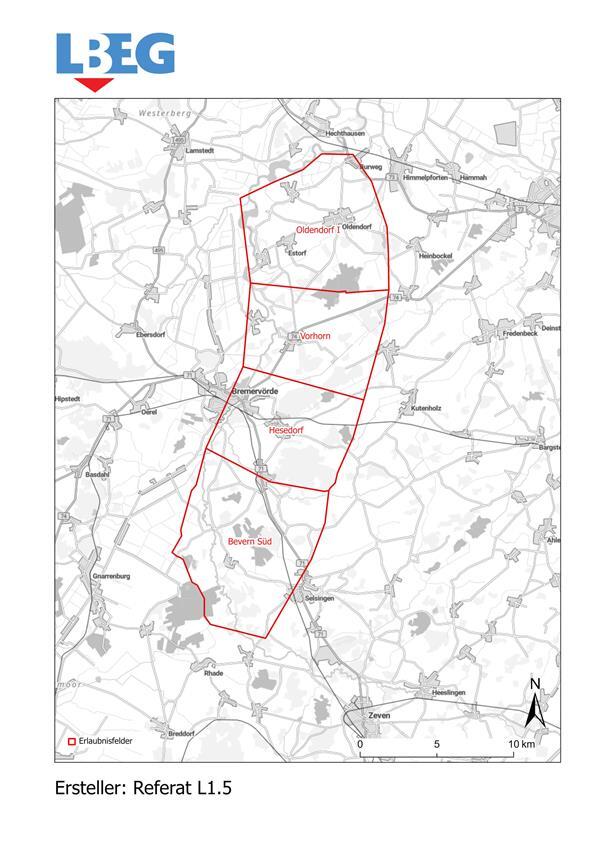 Die vier zusammenhängenden Erlaubnisfelder zur Aufsuchung von Kali- und Steinsalz, die das LBEG der Dow Deutschland Anlagengesellschaft mbH zuteilt, liegen in einem rund256 Quadratkilometer großen Streifen, der Bremervörde im Osten berührt. Bildrechte: LBEG
