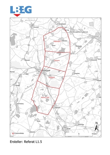 Die vier zusammenhängenden Erlaubnisfelder zur Aufsuchung von Kali- und Steinsalz, die das LBEG der Dow Deutschland Anlagengesellschaft mbH zuteilt, liegen in einem rund256 Quadratkilometer großen Streifen, der Bremervörde im Osten berührt. Bildrechte: LBEG