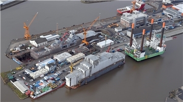 Luftaufnahme von Werft, umgeben von Wasser.