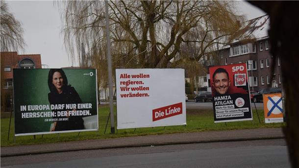 Drei großflächige Wahlplakate stehen an einer Straße in Nordenham.