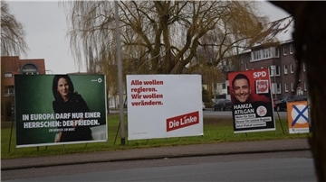 Drei großflächige Wahlplakate stehen an einer Straße in Nordenham.