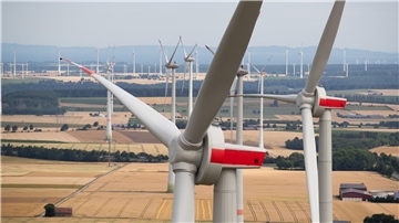 Das Foto zeigt einen Windpark von oben. 