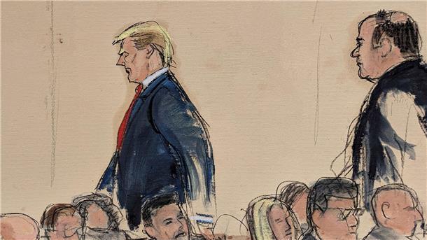 Trump zu Zahlung von 83 Millionen Dollar verurteilt Diese Gerichtssaal-Skizze zeigt, wie der ehemalige Präsidenten Donald Trump (l) gefolgt von seinem Rechtsbeistand Boris Epshteyn den Gerichtssaal verlässt.
