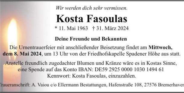 Spendenkonto für Kosta Fasoulas eröffnet Traueranzeige Kosta Fesoulas