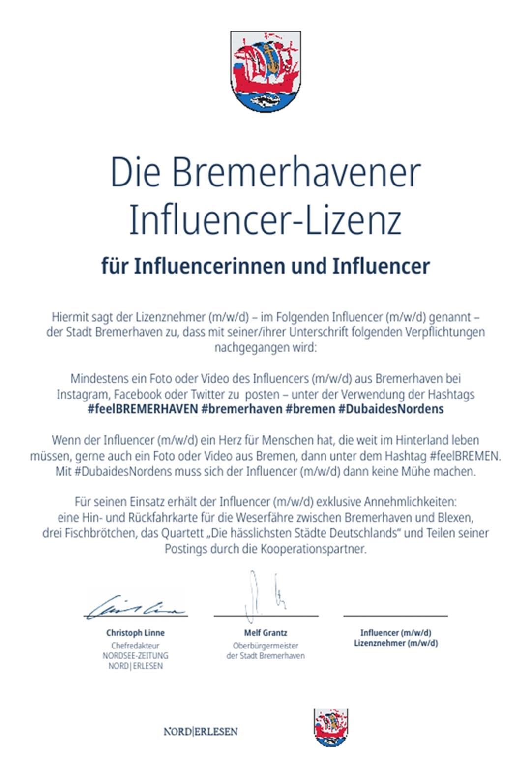 Das sind unsere 50 Influencer für Bremerhaven Diese Urkunde bescheinigt den 50 Gewinnern, dass sie offizielle Influencer für Bremerhaven sind.