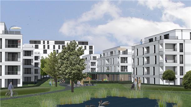 Diese Visualisierung trägt den Namen „Warrings-Park“. So soll das neue Wohnquartier in Wulsdorf aussehen. Symbolischer Spatenstich ist am Montag. Visualisierung: Architekturbüro Zimmermann