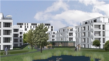 Diese Visualisierung trägt den Namen „Warrings-Park“. So soll das neue Wohnquartier in Wulsdorf aussehen. Symbolischer Spatenstich ist am Montag. Visualisierung: Architekturbüro Zimmermann