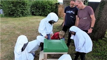 Dieser Termin zählte zu den Höhepunkten des Ferienprogramms: Die Hobbyimker Falk Scheibe-In der Stroth und Jens Otten erklärten den Kindern den Aufbau eines Bienenstocks, anschließend haben sie den Honig geerntet.
