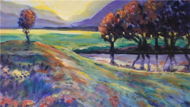 Ein gemaltes Bild, das eine bunte Landschaft zeigt.