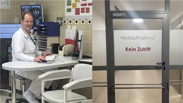 Bitte haben Sie Geduld: So funktioniert das System der Notaufnahme Das Bild ist zweigeteilt. Links sitzt ein Arzt im Büro an seinem Rechner. Rechts ist die Eingangstür zur Notaufnahme zu sehen.
