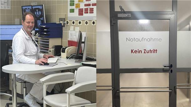 Das Bild ist zweigeteilt. Links sitzt ein Arzt im Büro an seinem Rechner. Rechts ist die Eingangstür zur Notaufnahme zu sehen.