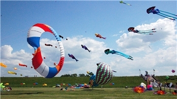Mehrere Drachen fliegen am Himmel von Tossens. 