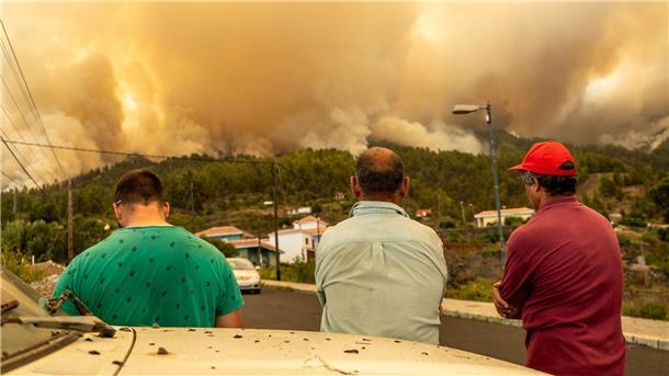 Waldbrand auf La Palma: Mehr als 4000 Menschen evakuiert Drei Männer beobachten den Waldbrand auf der Kanareninsel.