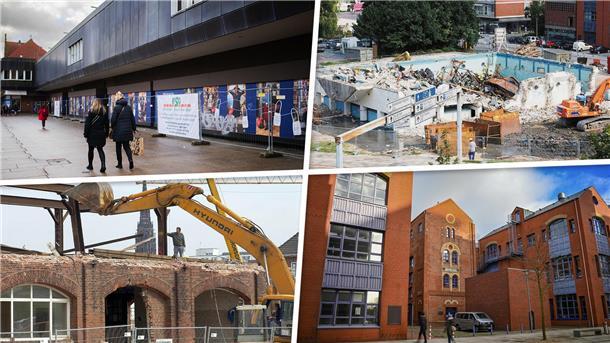Rogge-Halle, Stadtbad, Karstadt: Architekt gegen weitere Abrisse in der Stadt Dreimal Abriss, einmal Erhalt (im Uhrzeigersinn von unten links): Rogge-Halle, Karstadt-Gebäude, Stadtbad sowie das in die Hochschule integrierte Brauerei/Auswandererhaus.