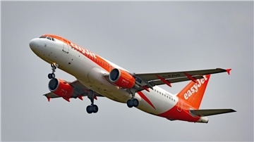 Ein Airbus A320-214 (G-EZUO) der britischen Fluggesellschaft EasyJet über London.