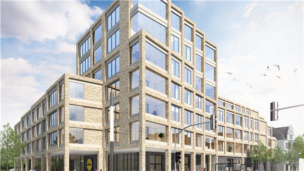 Ein architektonischer Hingucker als neue Landmarke an der Weserstraße im Zentrum von Wulsdorf. Im Erdgeschoss wird sich eine Lidl-Filiale befinden, darüber entstehen Mietwohnungen.