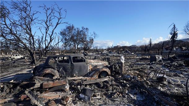 93 Tote auf Maui - Mängel beim Katastrophenschutz Ein ausgebranntes Auto steht mitten in einem völlig zerstörten Gebiet der Kleinstadt Lahaina.