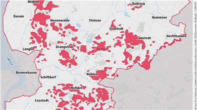 Ein Flickenteppich: Die Karte zeigt – so gut wie es umzusetzen war – die besonders nitratbelasteten Gebiete (rot) im Cuxland, in denen das Düngen künftig stark eingeschränkt ist.