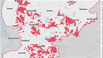 Ein Flickenteppich: Die Karte zeigt – so gut wie es umzusetzen war – die besonders nitratbelasteten Gebiete (rot) im Cuxland, in denen das Düngen künftig stark eingeschränkt ist.