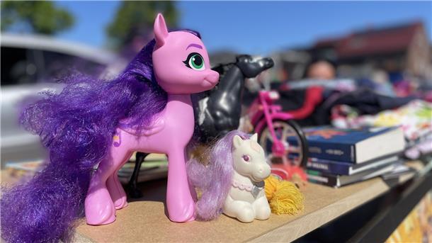 Schnäppchenjagd für Frauen: Flohmarkt in Bremervörde Ein rosa Plastikpferd mit lila Mähne.