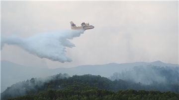 Ein Flugzeug der Luftwaffe versucht ein Feuer in Spanien zu löschen. Verheerende Waldbrände zeigen laut NEF-Experte Sebastian Mang die Schwere der Klimakrise.