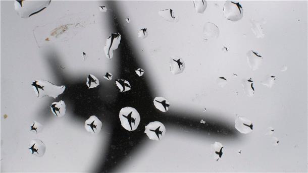 Ein Flugzeug landet bei Regenwetter. (Symbolbild)