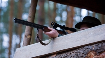 Ein Jäger auf einem Hochstand zielt mit seinem Gewehr. 