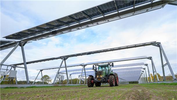 Ein Landwirt fährt mit einem Trecker unterhalb der Agrar-Photovoltaik-Anlage entlang. Solche Anlagen sind nun auch in der Wesermarsch zulässig.