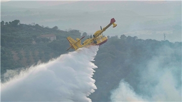 Ein Löschflugzeug im Einsatz. In Griechenland hat nun bei Übungsflügen ein Pilot seine tonnenschwere Wasserladung über einem Hotel abgelassen. (Symbolbild)