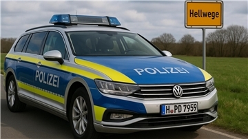 Ein KI-erzeugtes Bild von einem Polizeiwagen vor dem Ortsschild von Hellwege im Landkreis Rotenburg.